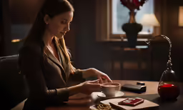 there is a woman sitting at a table with coffee