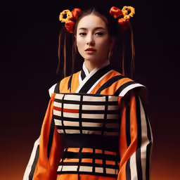 a woman in an asian costume with orange flowers on her head