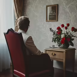 an older man sitting on a chair and holding a flower