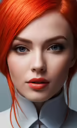 the red haired lady is wearing an all white shirt and orange hair