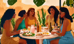 the ladies are eating together and enjoying some wine,four women sitting at a table eating and drinking wine
