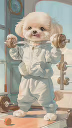 an image of a dog with a barbell,a painting of a small dog in a white outfit