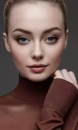 an attractive woman wearing brown, dark eyeliner and neutral makeup