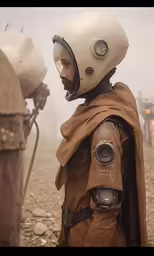 a man in brown coat and helmet with large round objects