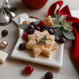 small pastry shapes on a square plate next to fresh berries