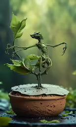 the strange green creature is standing on top of the potted plant