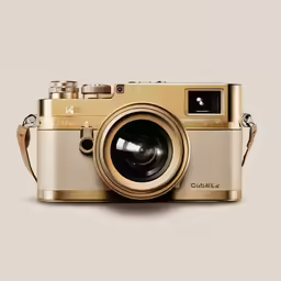 a camera that is gold and has one lens in the foreground