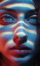 a woman with blue and white makeup looks to her left