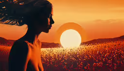 woman with flowing hair, in silhouette in a field,a woman is standing in front of a sun