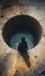 a man in a wet suit sitting near a pipe in a hole
