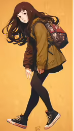 a girl with long hair carrying a backpack