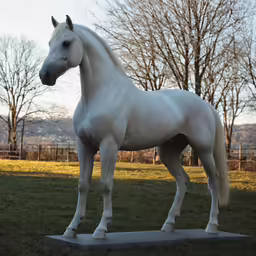 a white horse standing in the grass with trees in the background