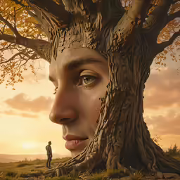 an artistic photograph shows a face between a tree and a man