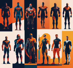 several different superheros are depicted in this set of images,multiple shots of people in all different suits
