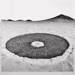 black and white photo with round dirt hole surrounded by snow