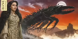 an image of a woman standing next to a giant dinosaur
