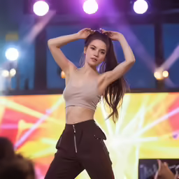 a woman is standing on a stage with her hands behind her head