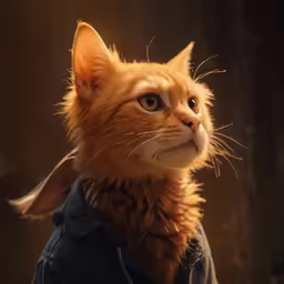 a cat in a jacket stares upward
