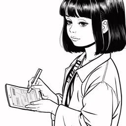 a girl holding an open book while wearing a jacket and tie