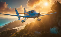 a light blue plane is flying low to the ground,there is a small white and blue plane that is flying