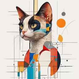 an abstract portrait of a cat with orange and blue tones