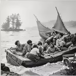 an old photo of a group of people riding in a boat