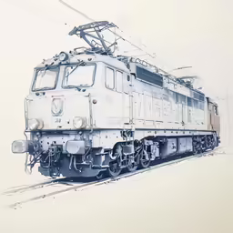 an oil drawing of a locomotive on the tracks
