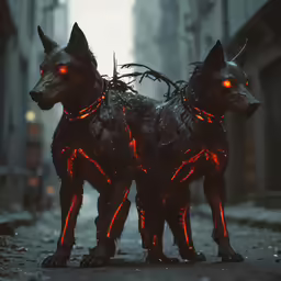 two dogs standing next to each other on a city street