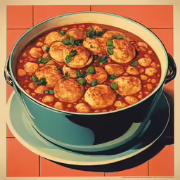 a painting of a stew made with meat and beans