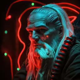 a man dressed in a neon wig standing with a phone to his ear