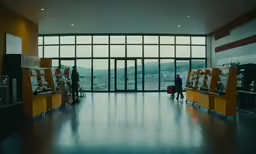 people in an open building with large windows