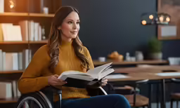 a lady is reading her book while seated in a wheel chair
