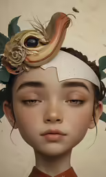 a woman has her head covered with a bird