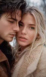 man and woman with long hair looking at each other