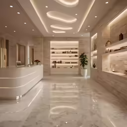 a large well lit and clean lobby with a counter and potted plant