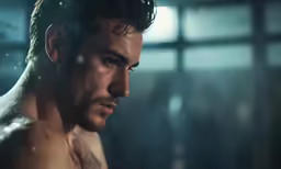 a man without a shirt staring ahead while holding a drink