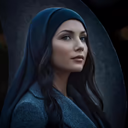 the character, in a dark robe, is wearing a blue headscarf and a shawl