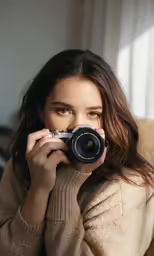 a woman holding a camera looking at the photographer lens