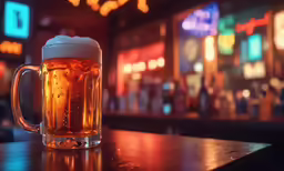 a beer glass on a bar in a restaurant
