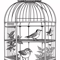 a bird in a cage with some plants,a bird in a cage with birds flying out,black and white illustration of birds in a cage,bird in a cage with plants inside,a bird sits inside of a metal cage
