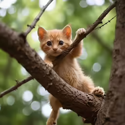 an orange kitten climbing up a tree branch
