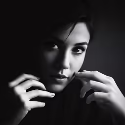 black and white portrait of a woman with dark hair