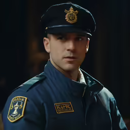 a man wearing a police uniform standing in front of a black background