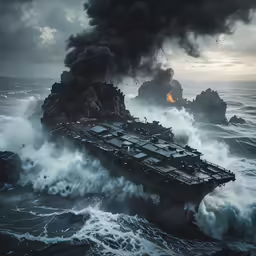 there are many ships in the ocean and smoke is billowing from it