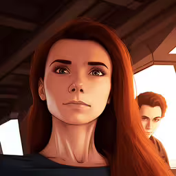 a girl with long red hair, stares intently in an illustration,a cartoon style girl looks at the viewer