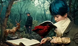 a woman is reading a book in a wood area while a deer watches