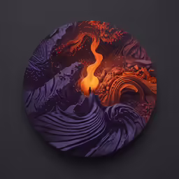 a round, abstract artwork with a burning flame