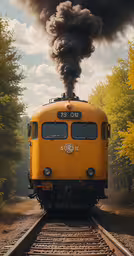 the train engine is carrying many thick black smoke,the train is coming down the track with very high exhaust