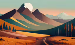 a view of a mountainous valley with mountains and pine trees,a landscape painting of a scenic mountain range
