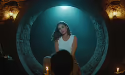 a woman sitting in front of a stone structure with candles around it